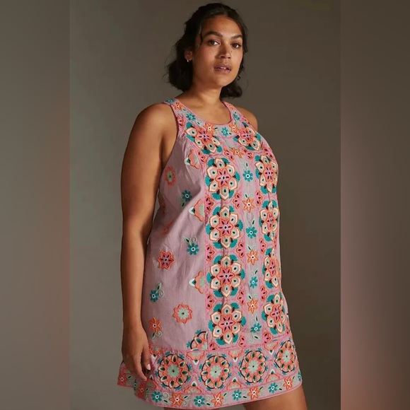 ANTHROPOLOGIE EMBROIDERY & APPLIQUED SHIFT DRESS SIZE 12 PINK ORANGE - Picture 9 of 16